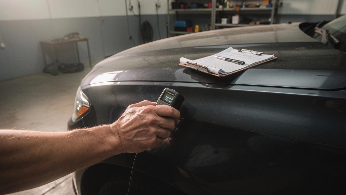 Paint depth gauge held against a car door panel beside a clipboard of inspection notes
