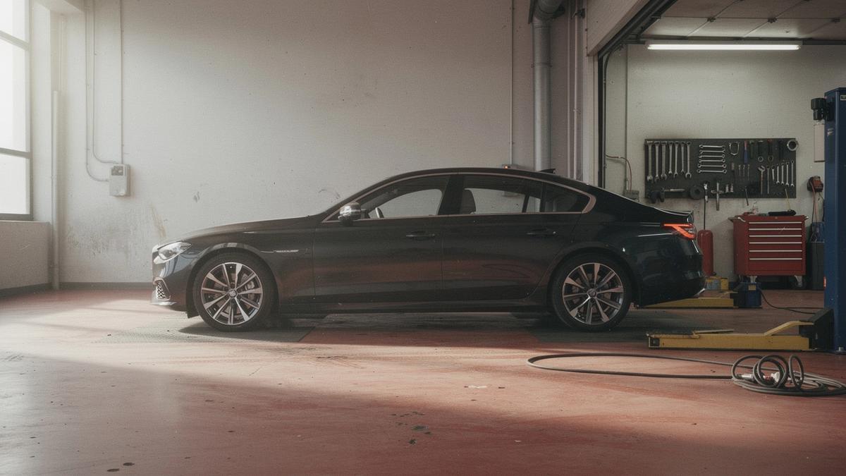 Side profile of a dark luxury sedan on a plain concrete floor