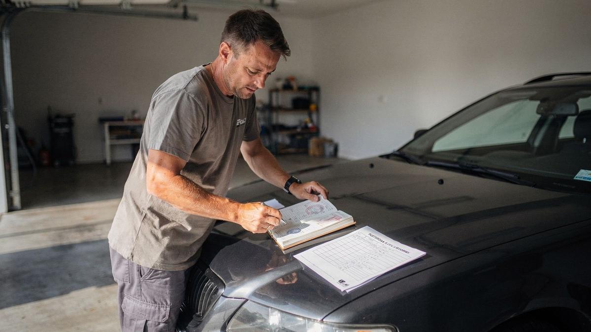 Concierge reviewing a vehicle service book beside a coupe in a garage in Kyiv